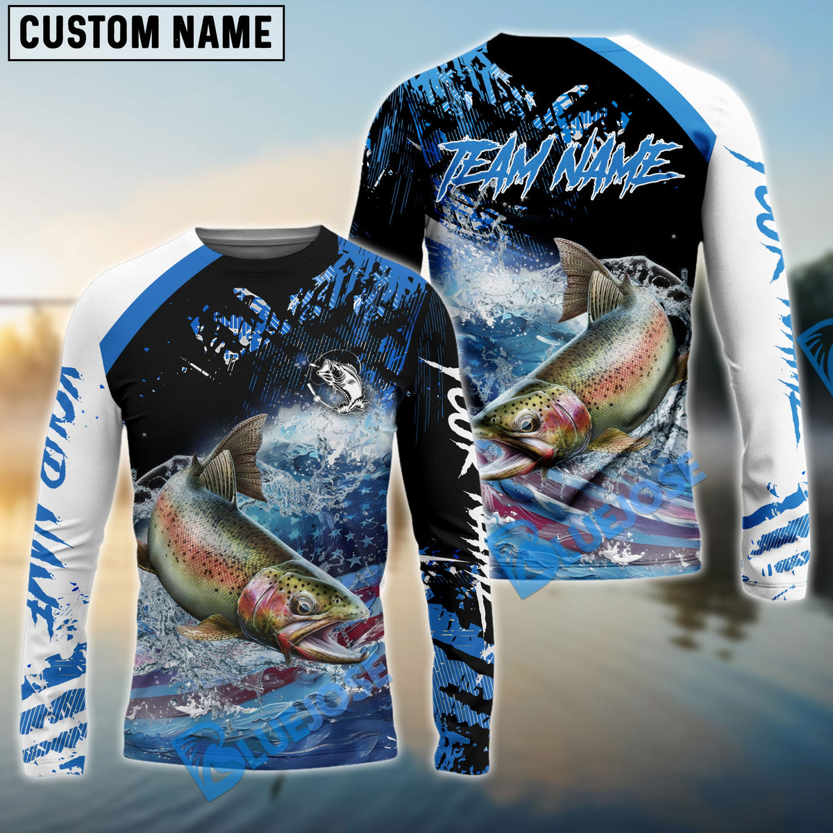 BlueJose Trout Fishing American Flag Blue Seawave Custom Name & Team Name 3D Shirts