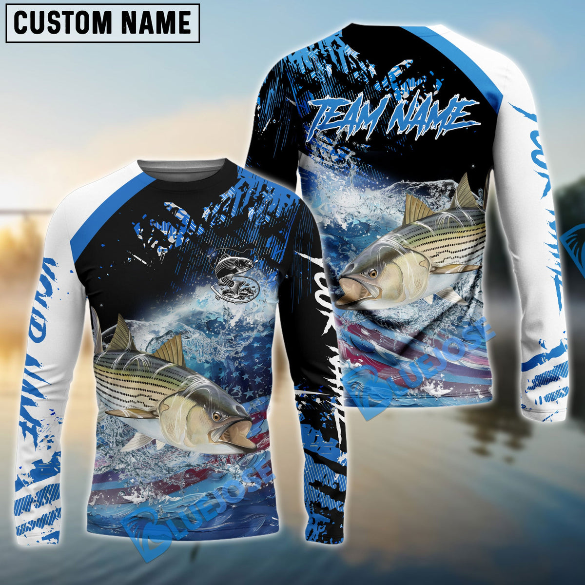 BlueJose Striped Bass Fishing American Flag Blue Seawave Custom Name & Team Name 3D Shirts