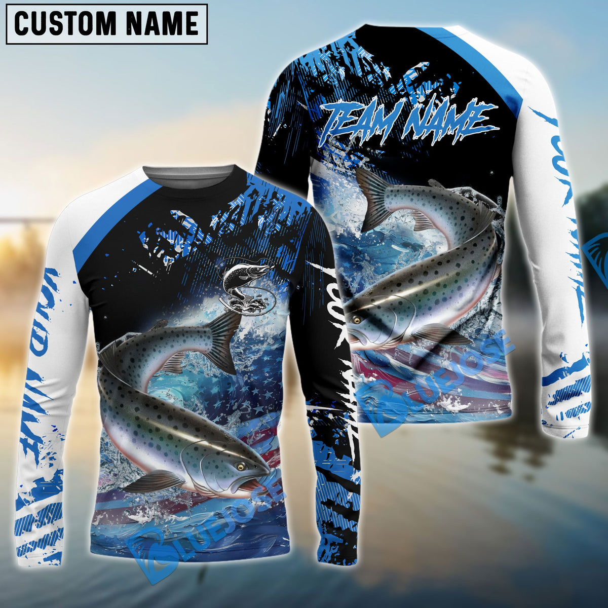 BlueJose Salmon Fishing American Flag Blue Seawave Custom Name & Team Name 3D Shirts