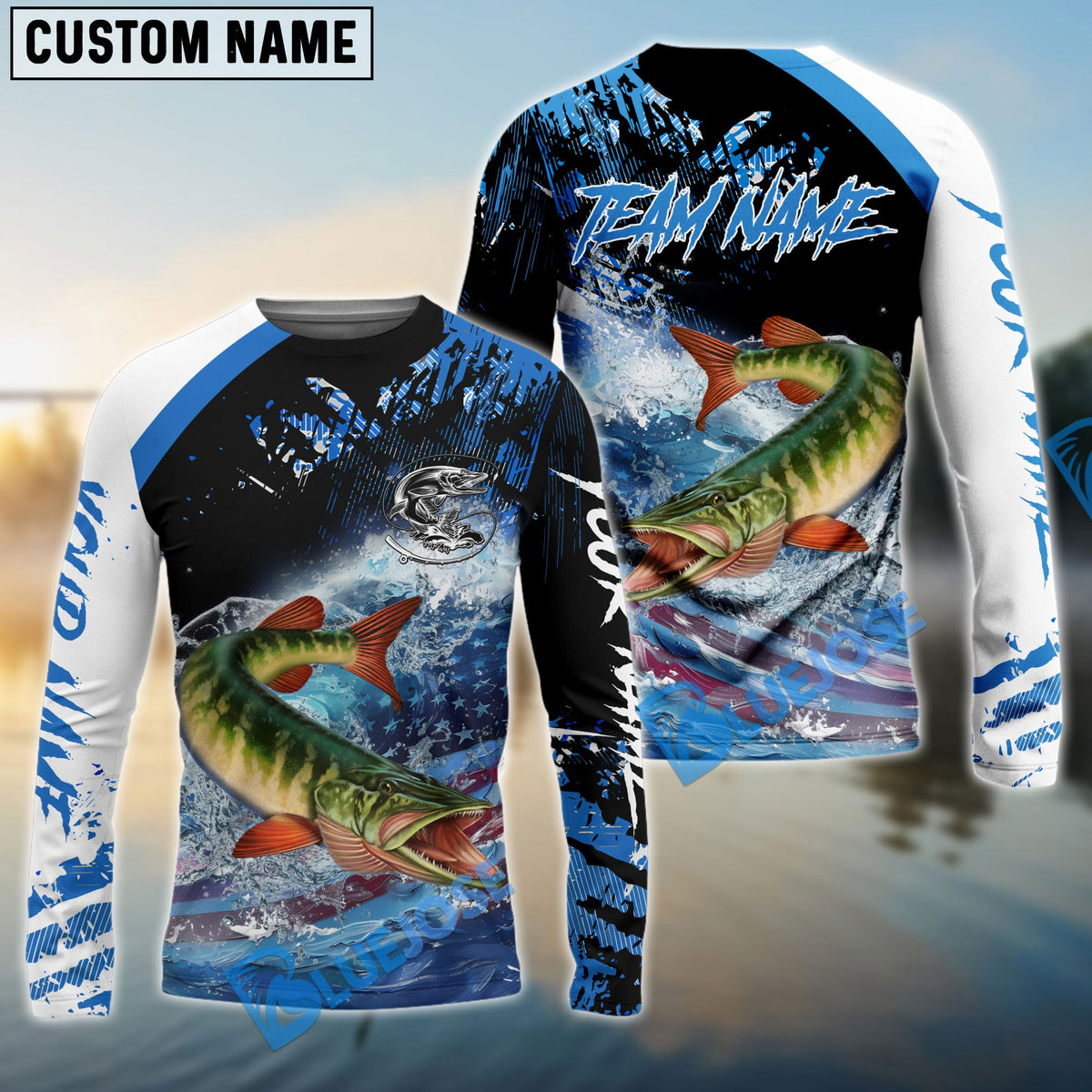 BlueJose Pike Fishing American Flag Blue Seawave Custom Name & Team Name 3D Shirts