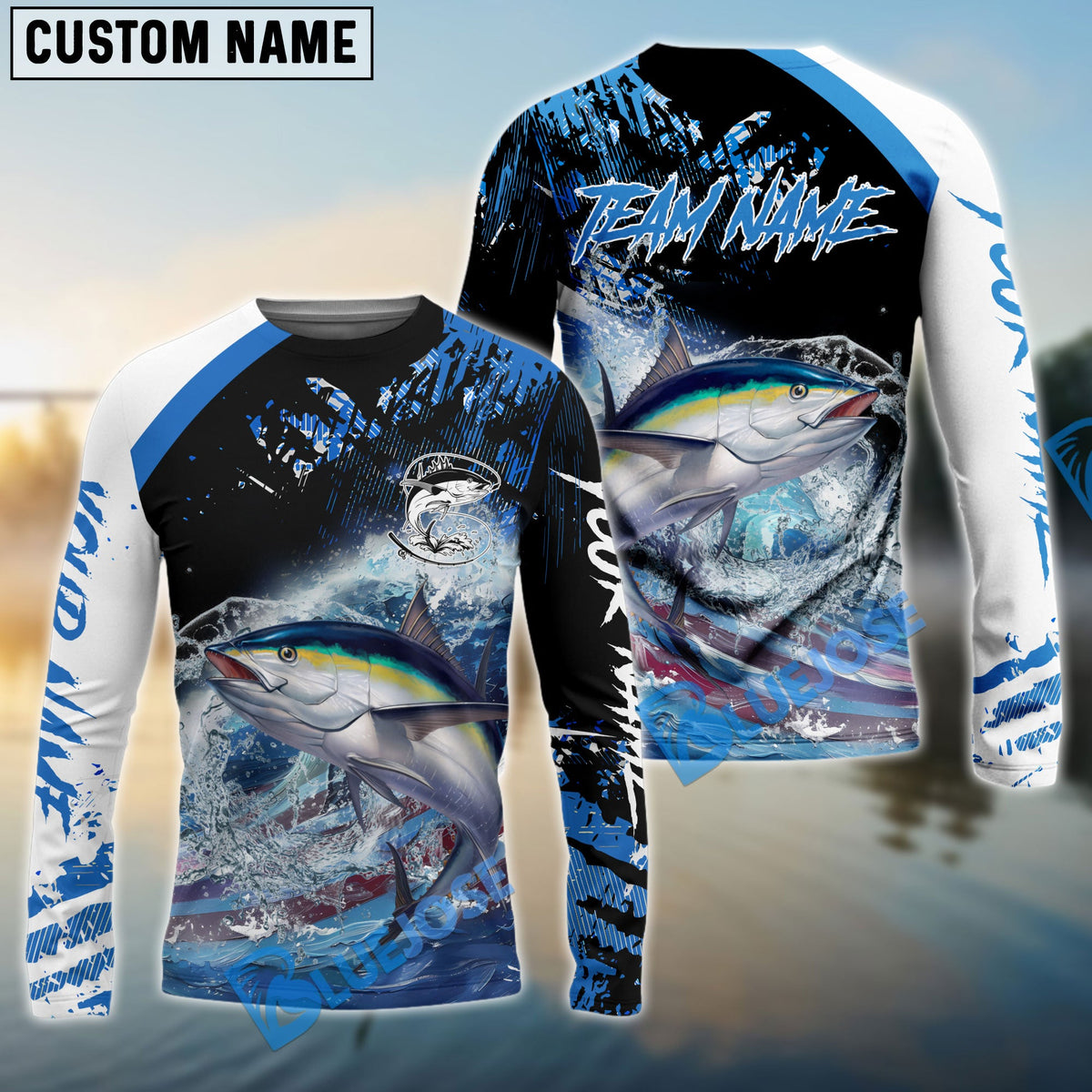 BlueJose Tuna Fishing American Flag Blue Seawave Custom Name & Team Name 3D Shirts