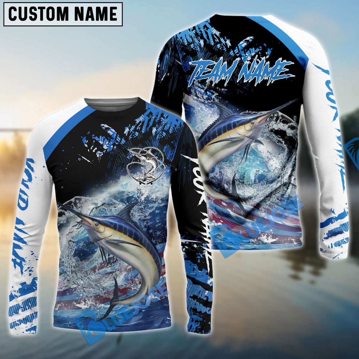 BlueJose Marlin Fishing American Flag Blue Seawave Custom Name & Team Name 3D Shirts