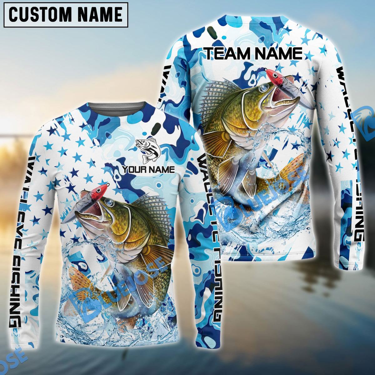 BlueJose Walleye Fishing Blue White American Flag Custom Name & Team Name 3D Shirts