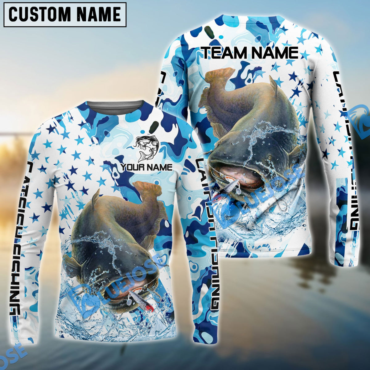 BlueJose Catfish Fishing Blue White American Flag Custom Name & Team Name 3D Shirts