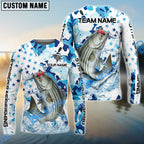 BlueJose Striped Bass Fishing Blue White American Flag Custom Name & Team Name 3D Shirts