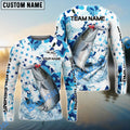 BlueJose Salmon Fishing Blue White American Flag Custom Name & Team Name 3D Shirts