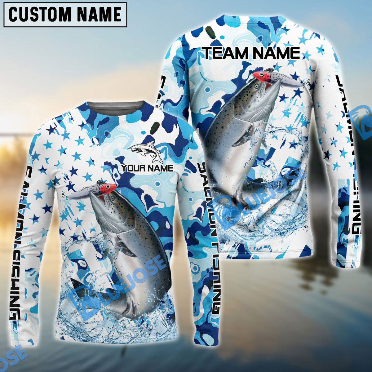 BlueJose Salmon Fishing Blue White American Flag Custom Name & Team Name 3D Shirts