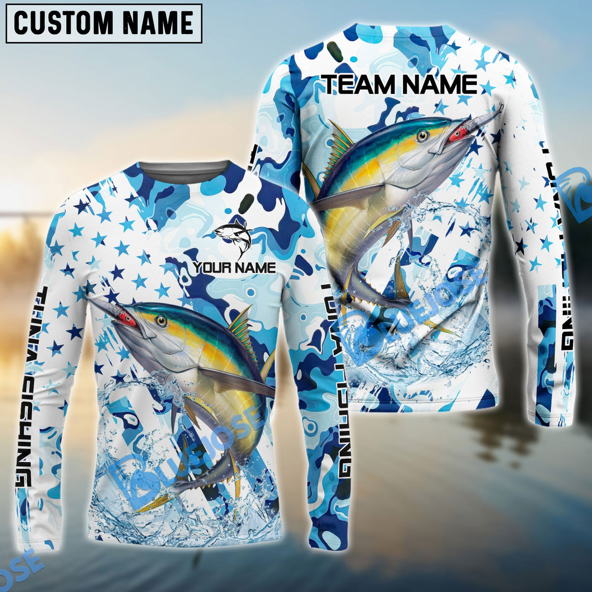BlueJose Tuna Fishing Blue White American Flag Custom Name & Team Name 3D Shirts