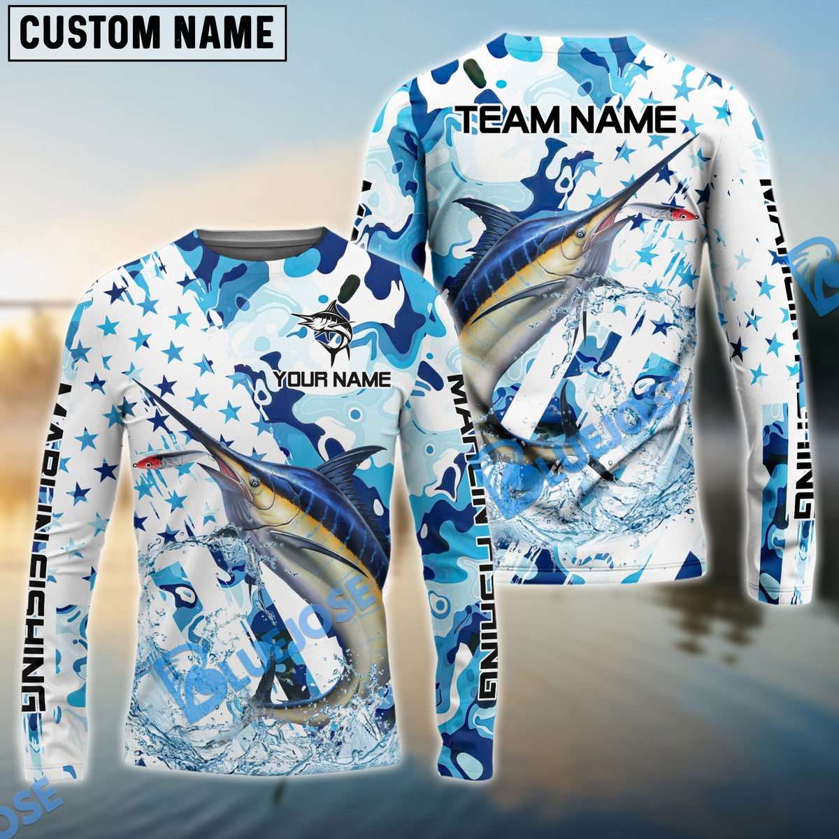 BlueJose Marlin Fishing Blue White American Flag Custom Name & Team Name 3D Shirts