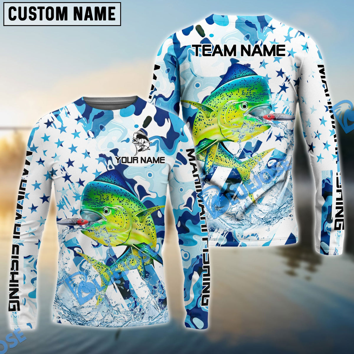 BlueJose Mahimahi Fishing Blue White American Flag Custom Name & Team Name 3D Shirts