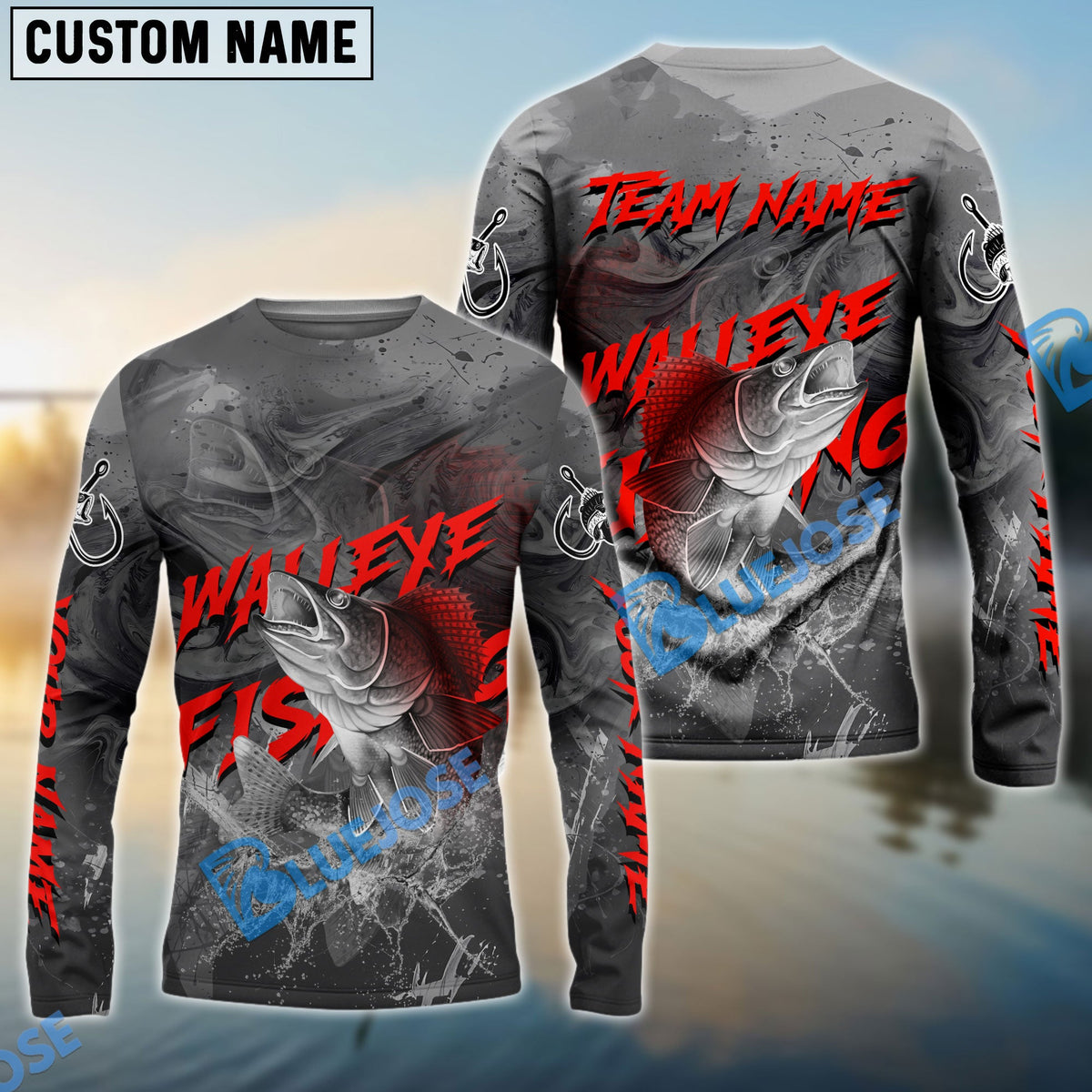 BlueJose Walleye Fishing Red Gray Blur Custom Name & Team Name 3D Shirts