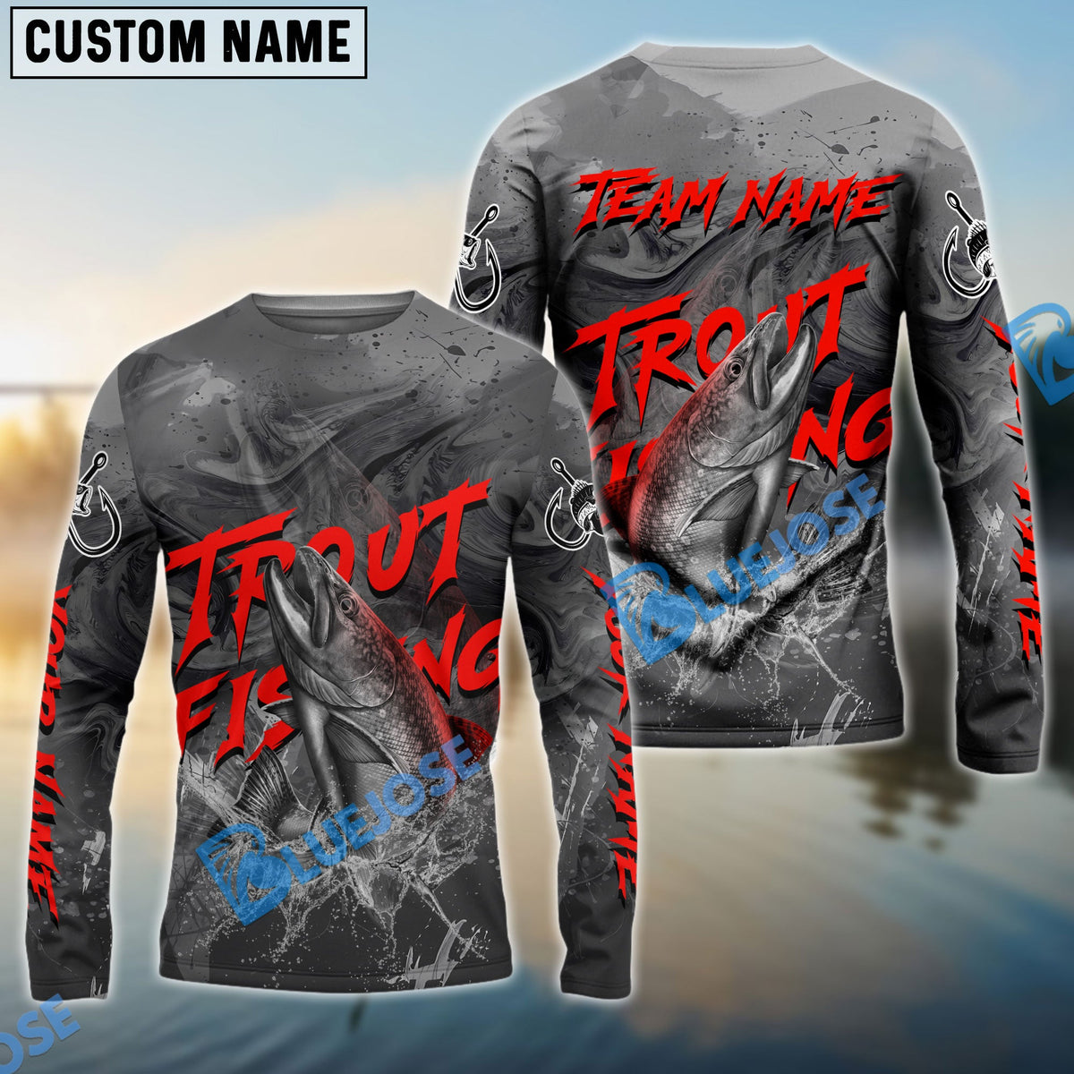 BlueJose Trout Fishing Red Gray Blur Custom Name & Team Name 3D Shirts