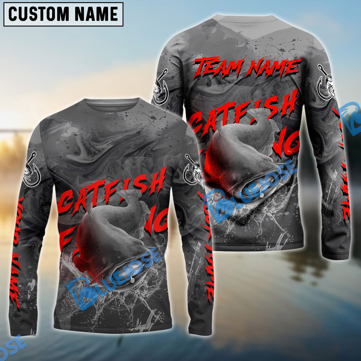BlueJose Catfish Fishing Red Gray Blur Custom Name & Team Name 3D Shirts