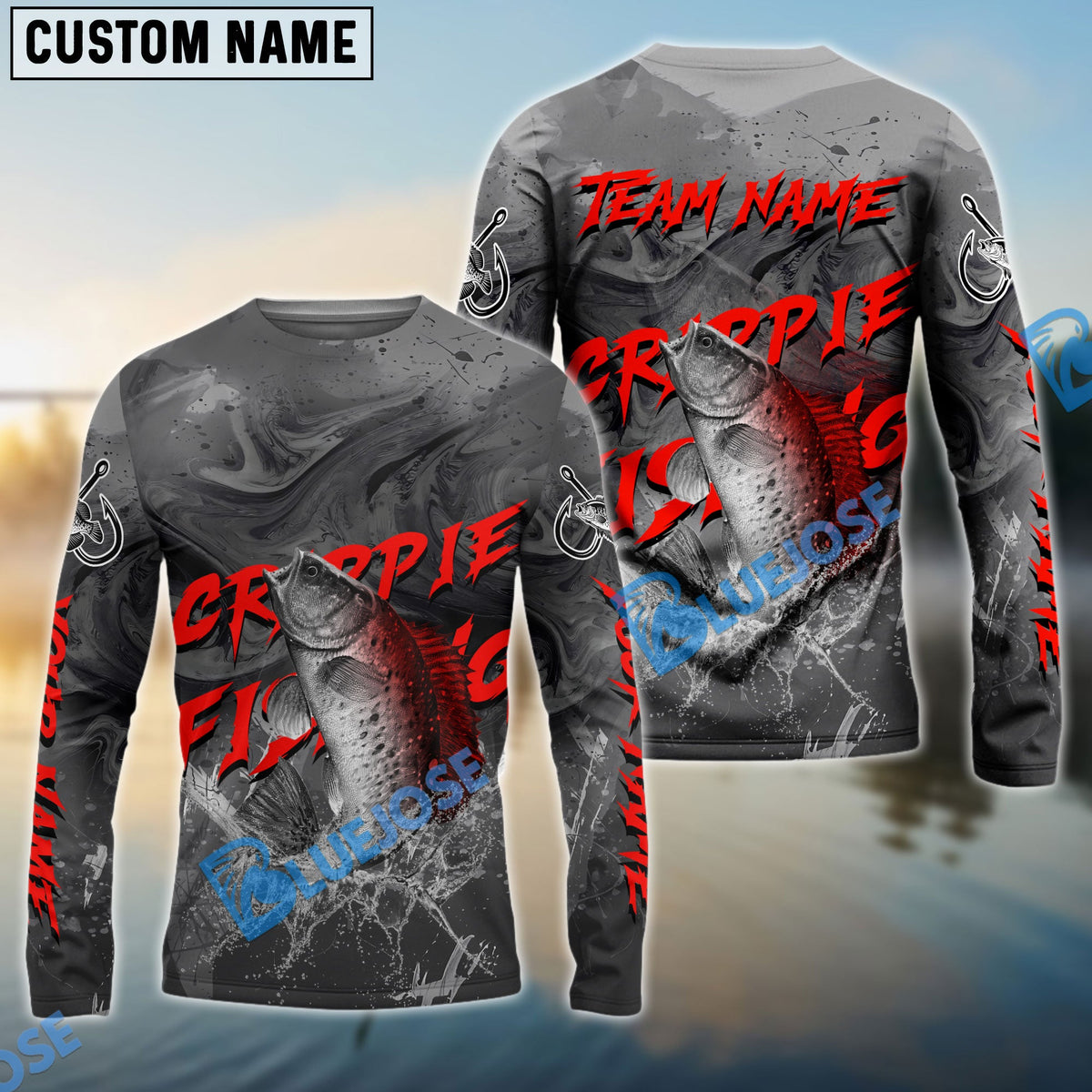 BlueJose Crappie Fishing Red Gray Blur Custom Name & Team Name 3D Shirts