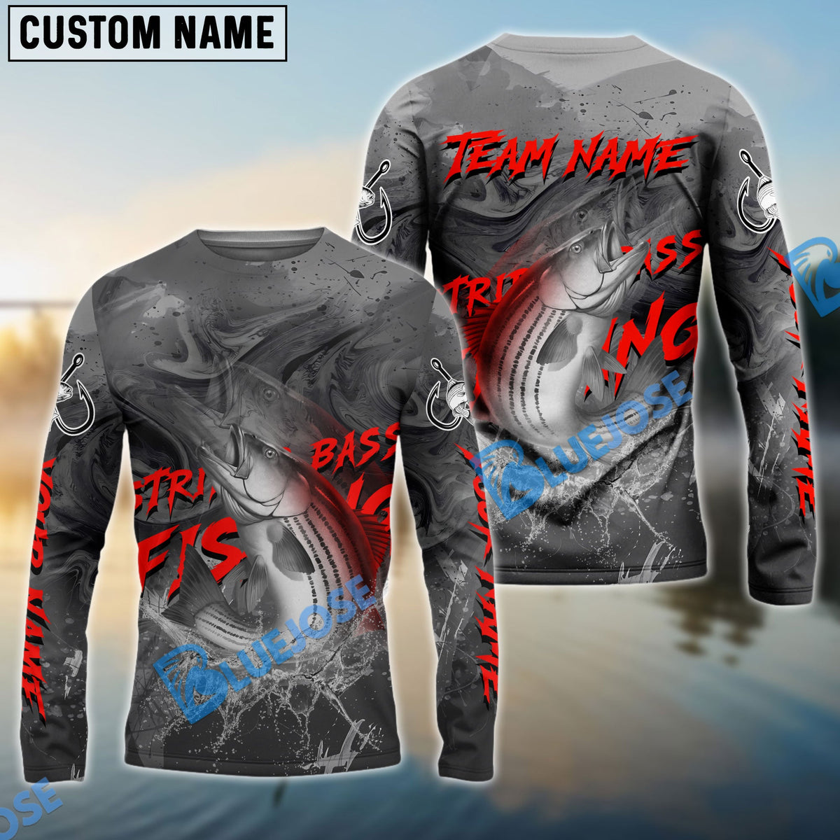 BlueJose Striped Bass Fishing Red Gray Blur Custom Name & Team Name 3D Shirts