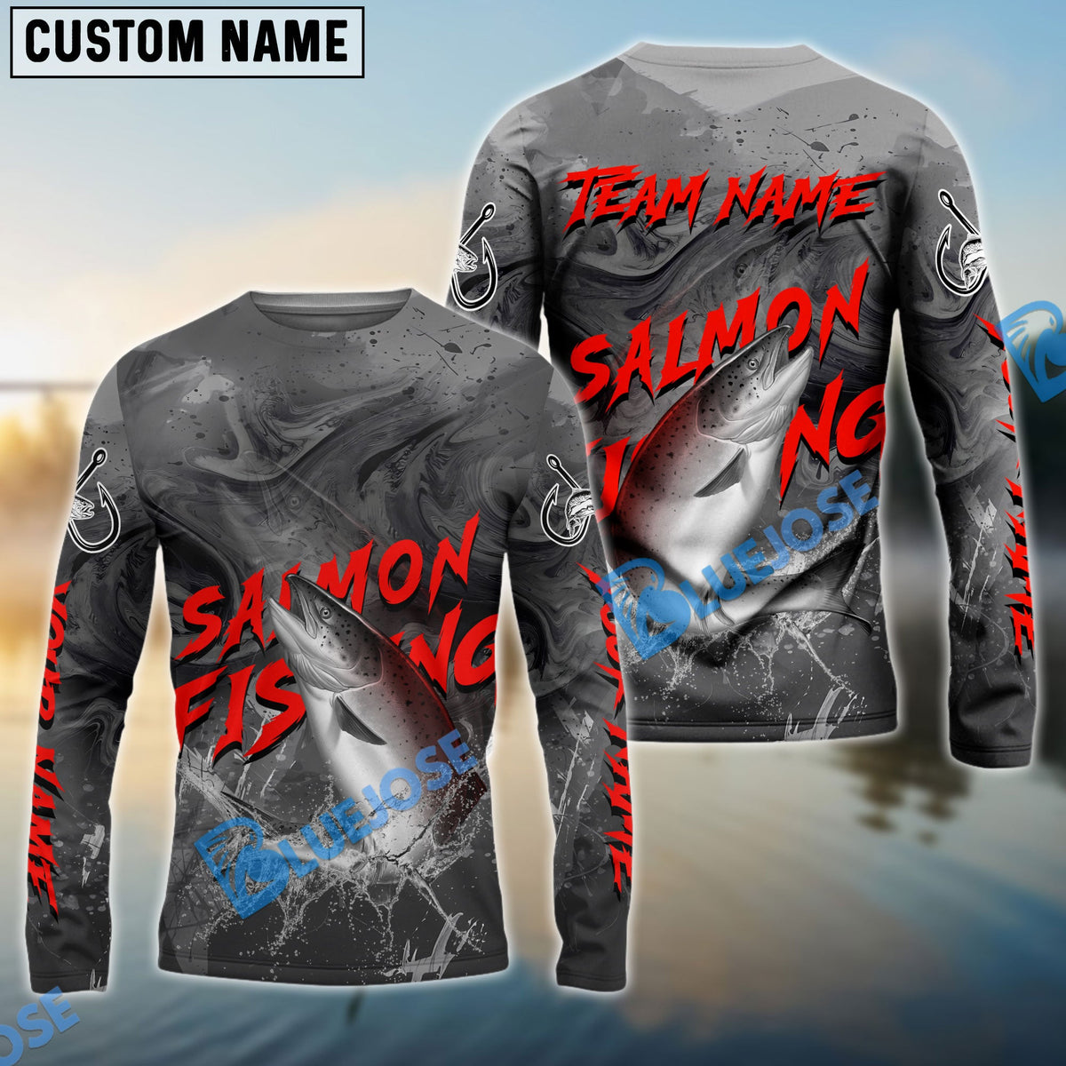 BlueJose Salmon Fishing Red Gray Blur Custom Name & Team Name 3D Shirts