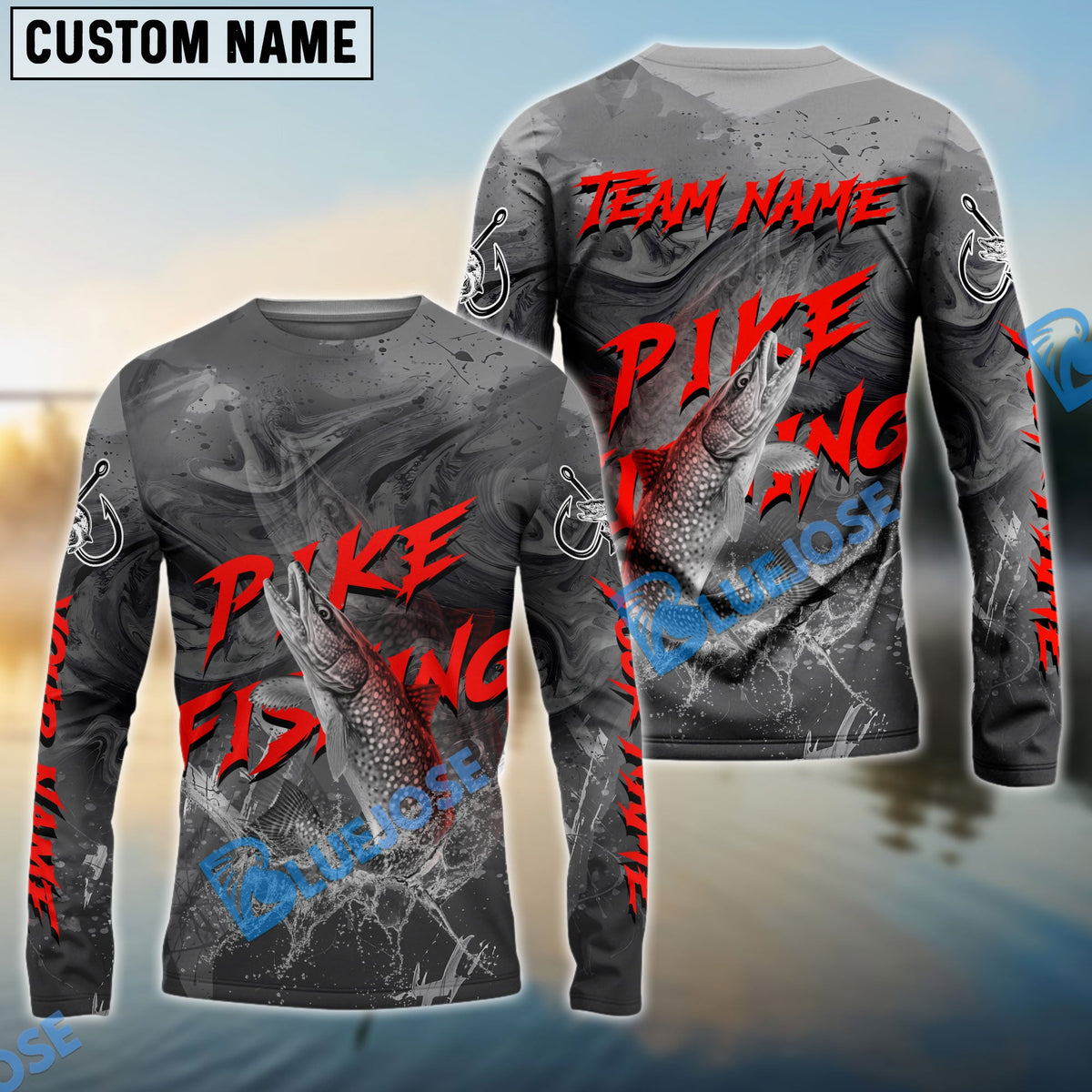 BlueJose Pike Fishing Red Gray Blur Custom Name & Team Name 3D Shirts