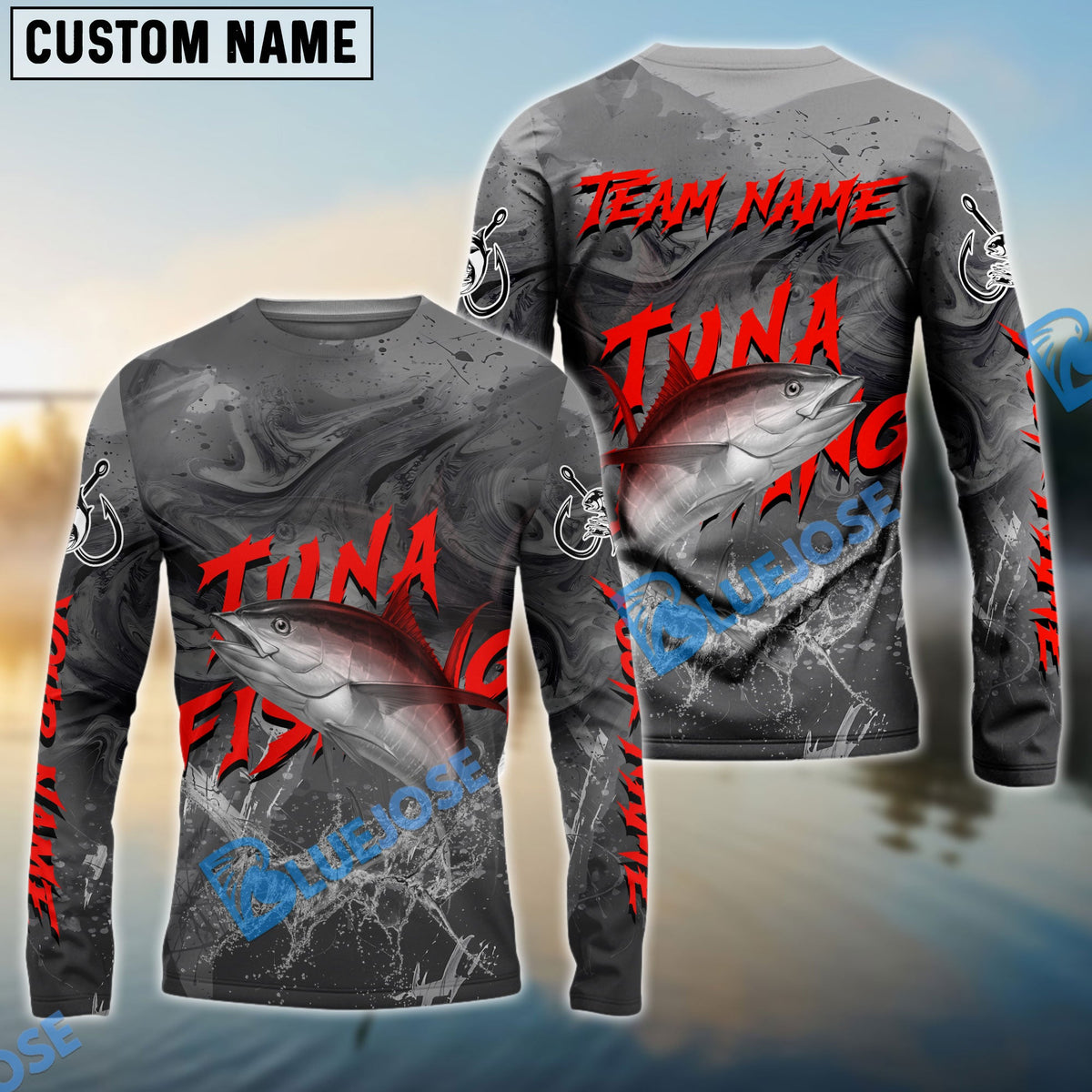 BlueJose Tuna Fishing Red Gray Blur Custom Name & Team Name 3D Shirts