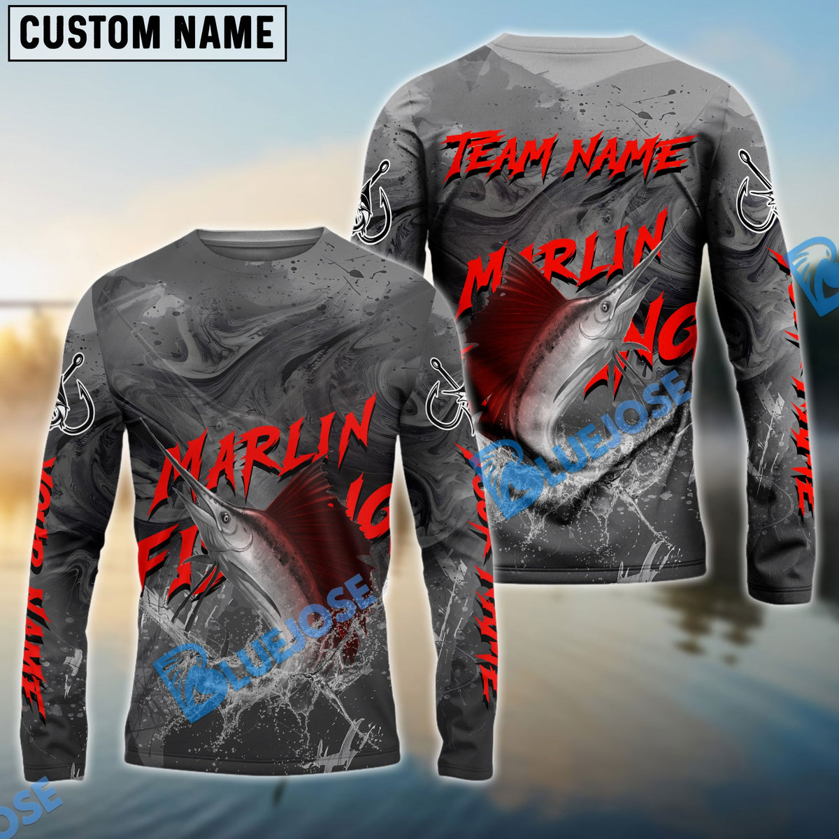 BlueJose Marlin Fishing Red Gray Blur Custom Name & Team Name 3D Shirts