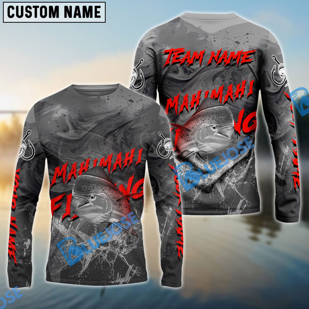 BlueJose Mahimahi Fishing Red Gray Blur Custom Name & Team Name 3D Shirts