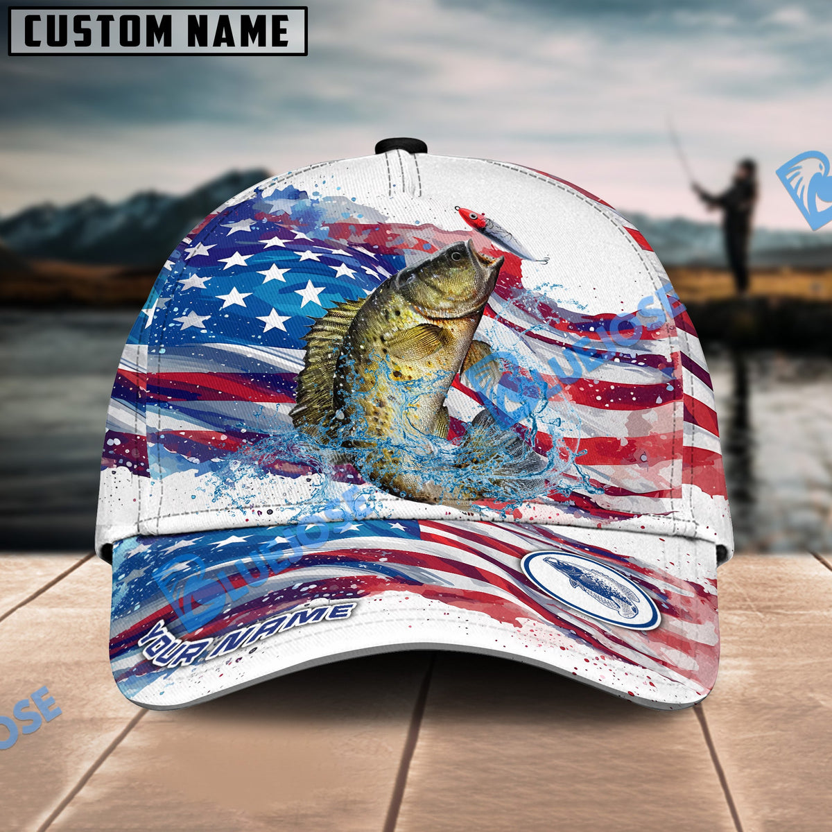 BlueJose Crappie Fishing Watercolor USA Flag Personalized Cap