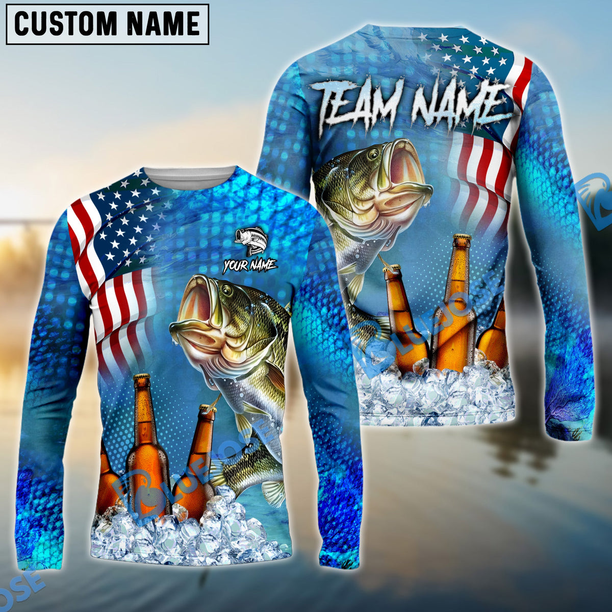 BlueJose Bass Fishing Beer USA Flag Custom Name & Team Name Shirts