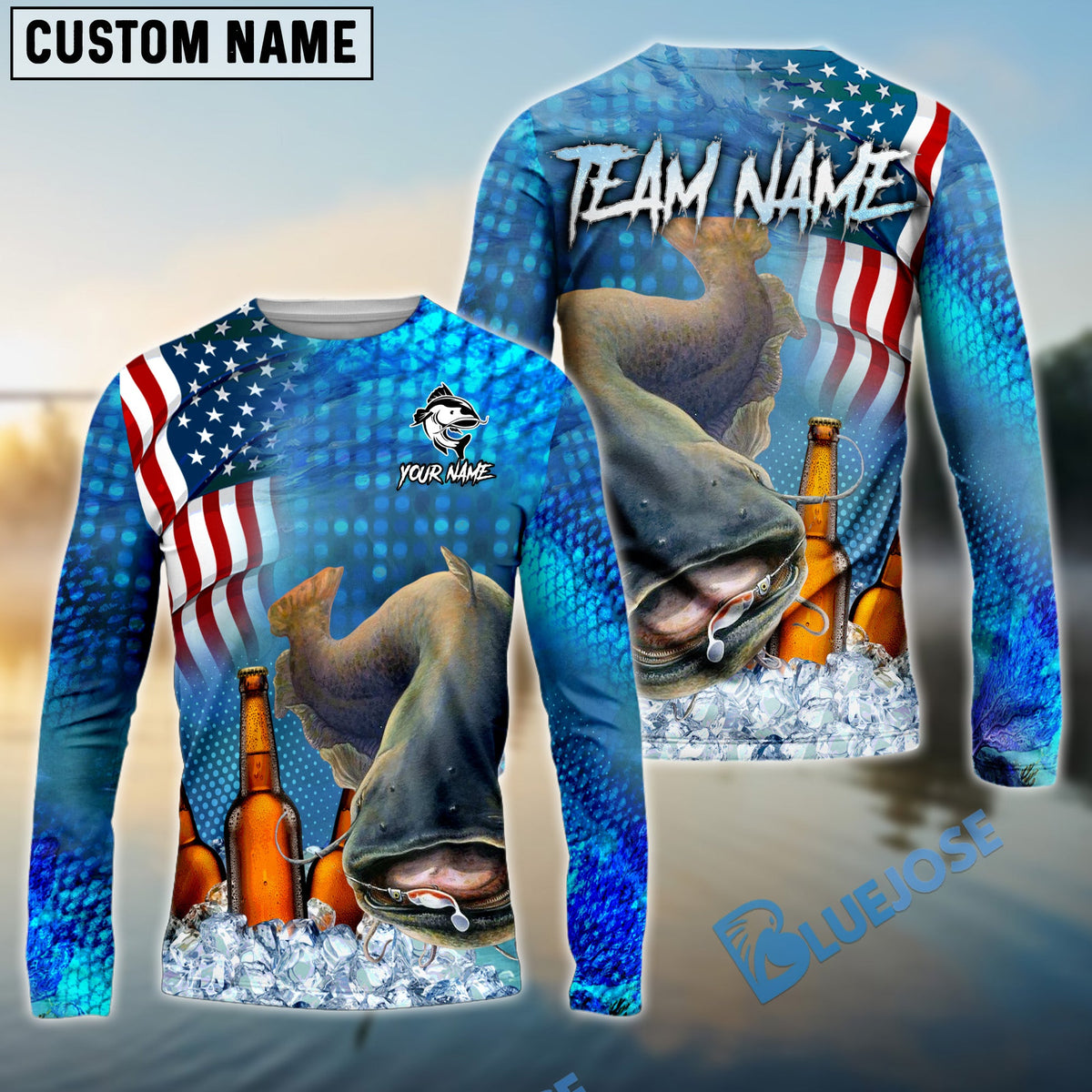 BlueJose Catfish Fishing Beer USA Flag Custom Name & Team Name Shirts