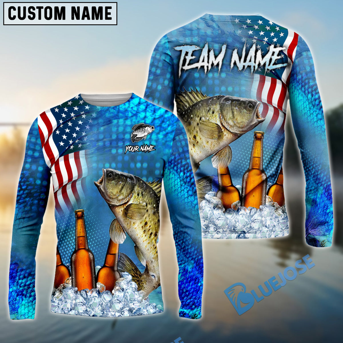 BlueJose Crappie Fishing Beer USA Flag Custom Name & Team Name Shirts