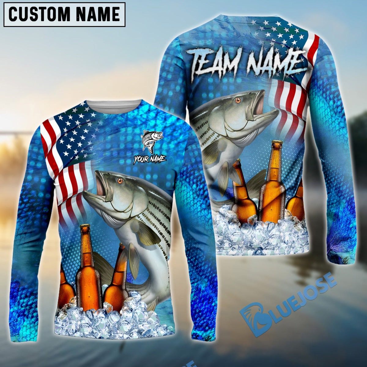 BlueJose Striped Bass Fishing Beer USA Flag Custom Name & Team Name Shirts