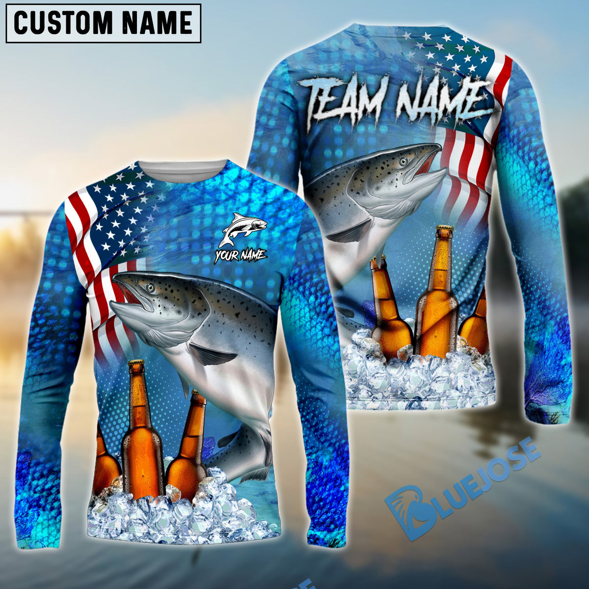BlueJose Salmon Fishing Beer USA Flag Custom Name & Team Name Shirts