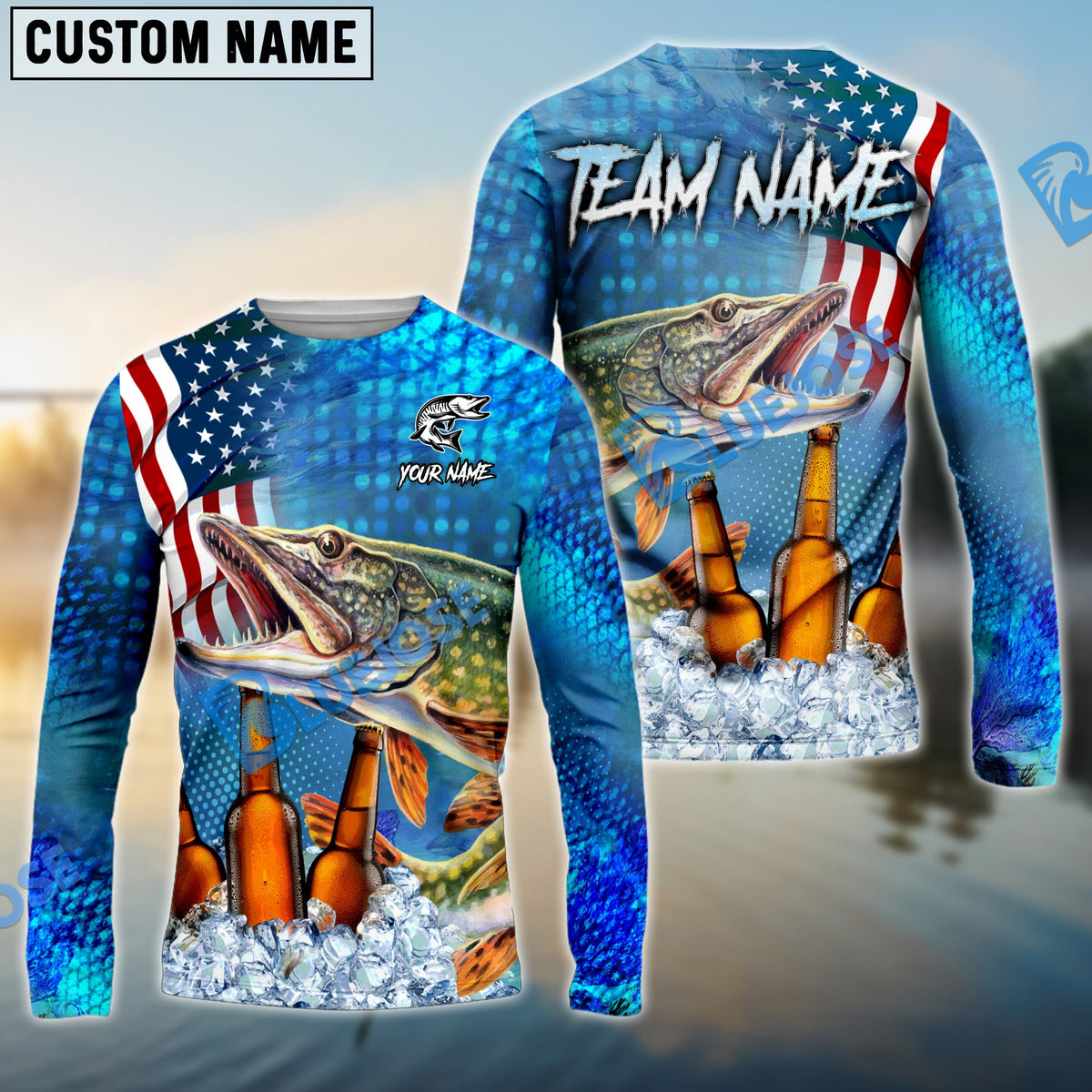 BlueJose Pike Fishing Beer USA Flag Custom Name & Team Name Shirts