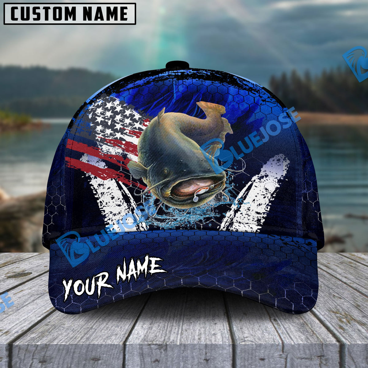 BlueJose Catfish Fishing Dark Blue Scratch American Flag scratch Sport Personalized Cap