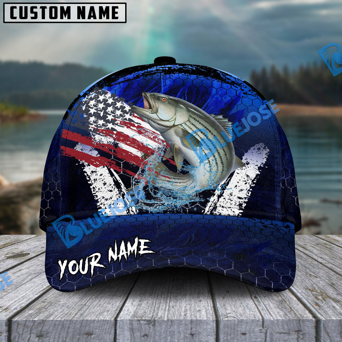 BlueJose Striped Bass Fishing Dark Blue Scratch American Flag scratch Sport Personalized Cap