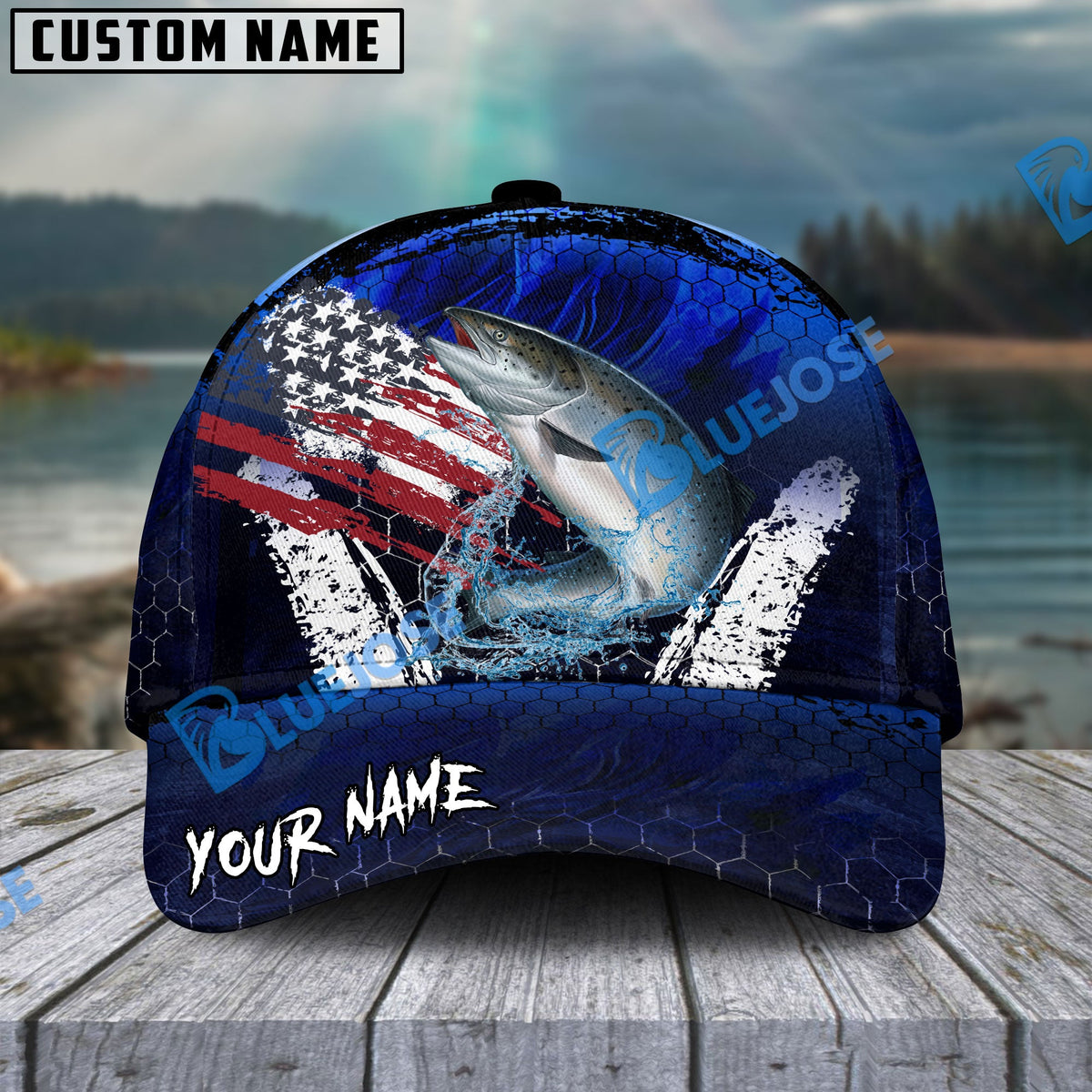BlueJose Salmon Fishing Dark Blue Scratch American Flag scratch Sport Personalized Cap