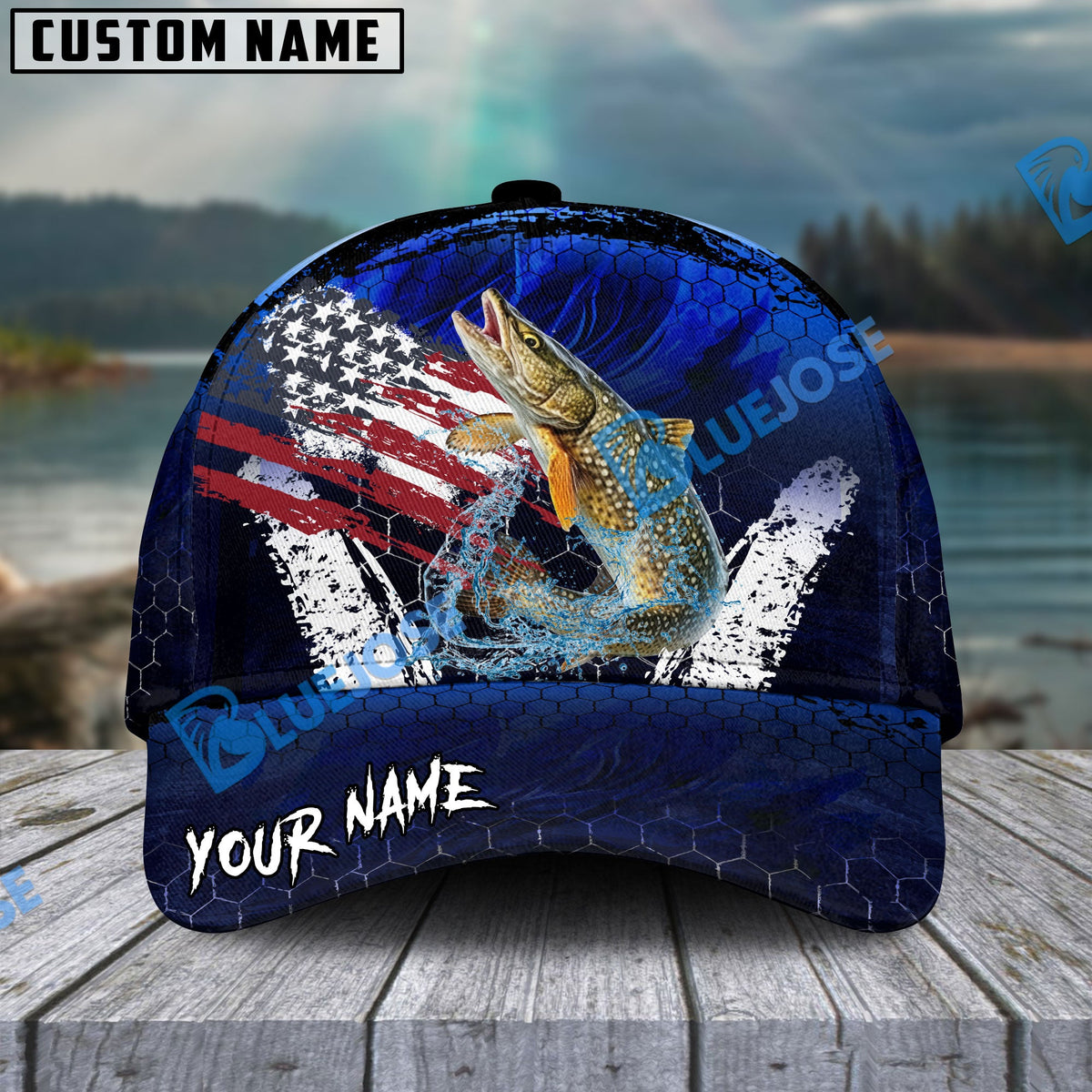 BlueJose Pike Fishing Dark Blue Scratch American Flag scratch Sport Personalized Cap