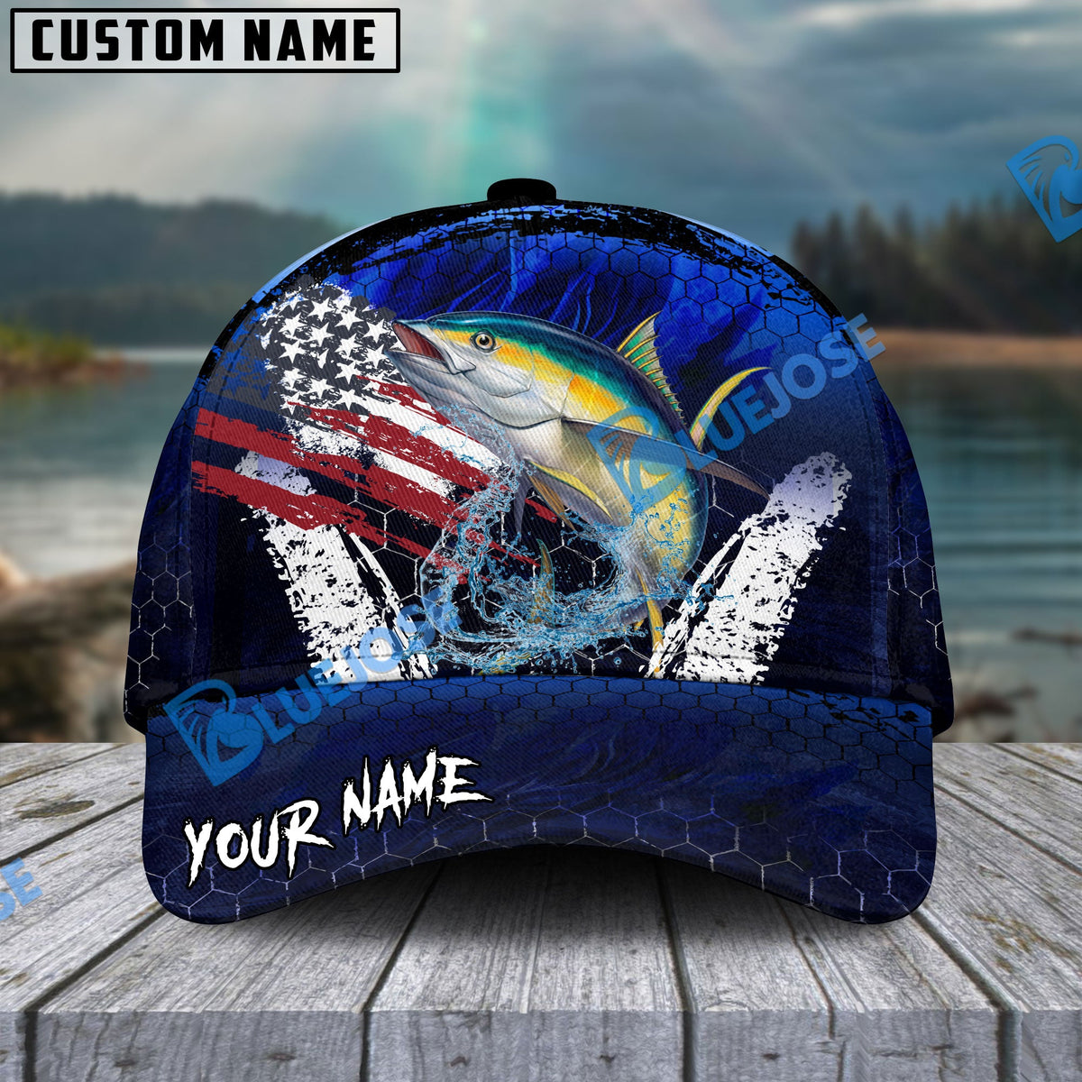 BlueJose Tuna Fishing Dark Blue Scratch American Flag scratch Sport Personalized Cap