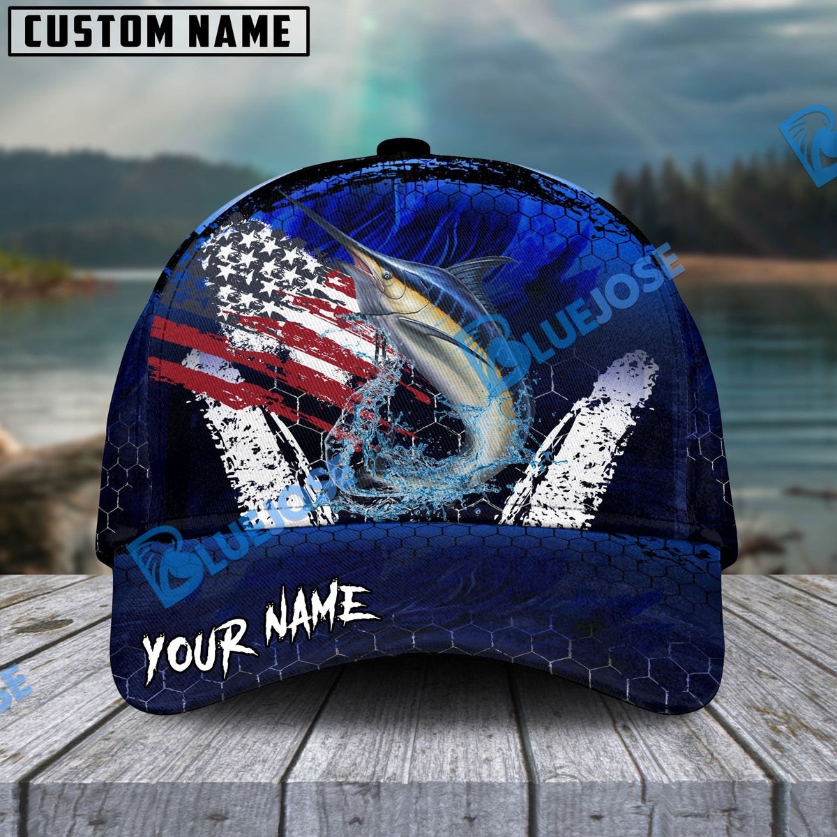 BlueJose Marlin Fishing Dark Blue Scratch American Flag scratch Sport Personalized Cap