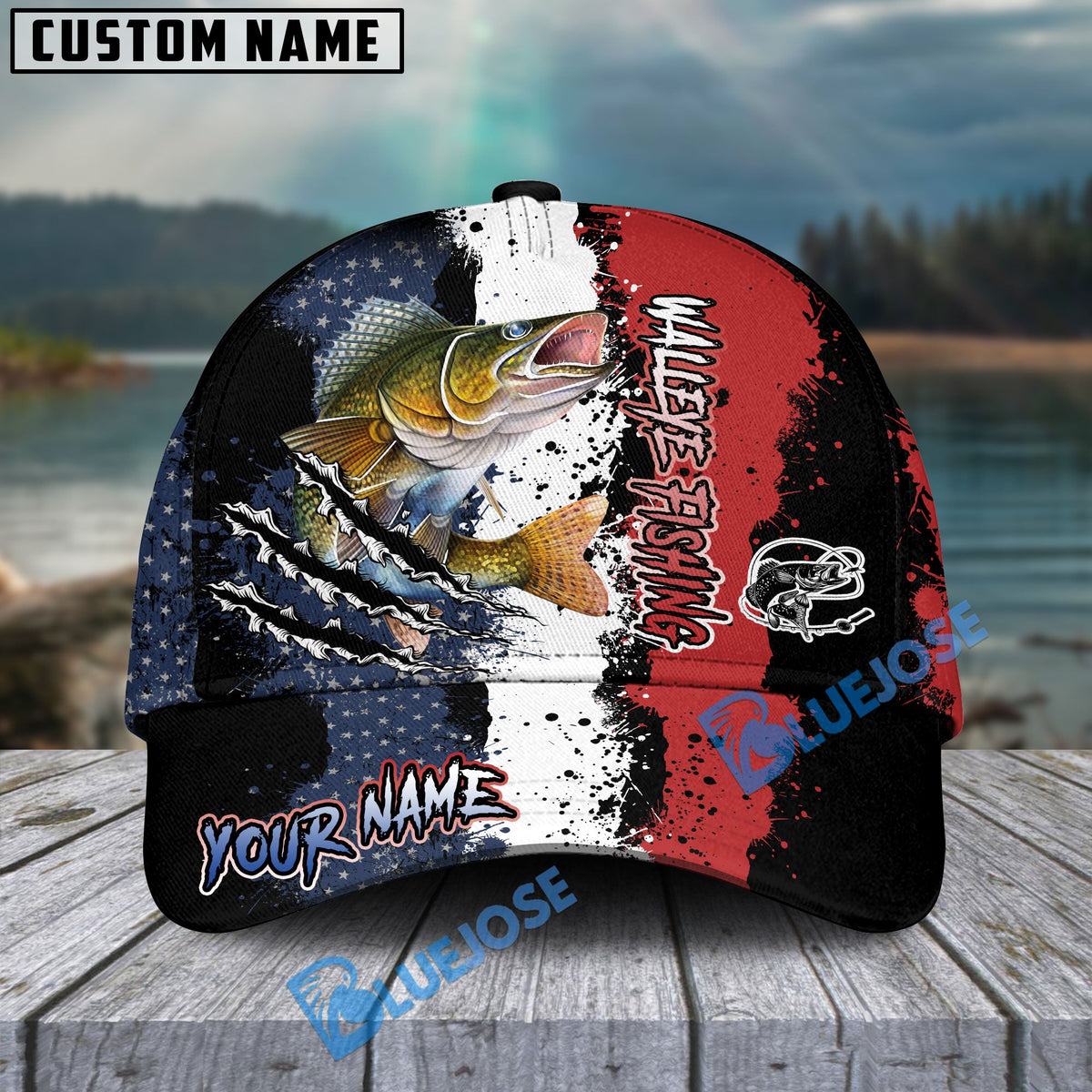 BlueJose Walleye Fishing Paint Scratch American Flag scratch Sport Personalized Cap