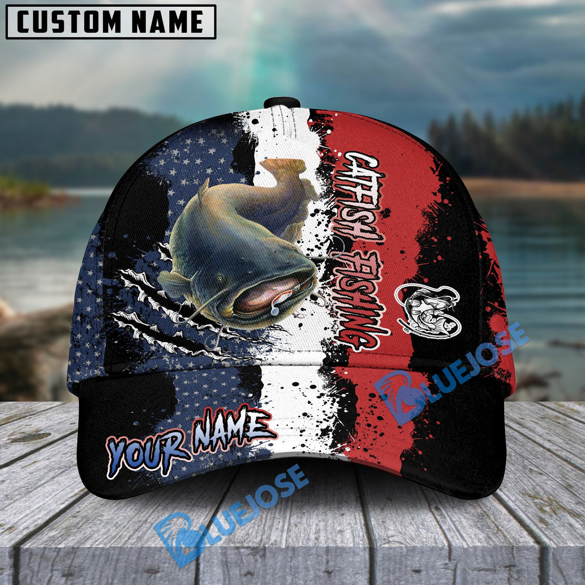 BlueJose Catfish Fishing Paint Scratch American Flag scratch Sport Personalized Cap