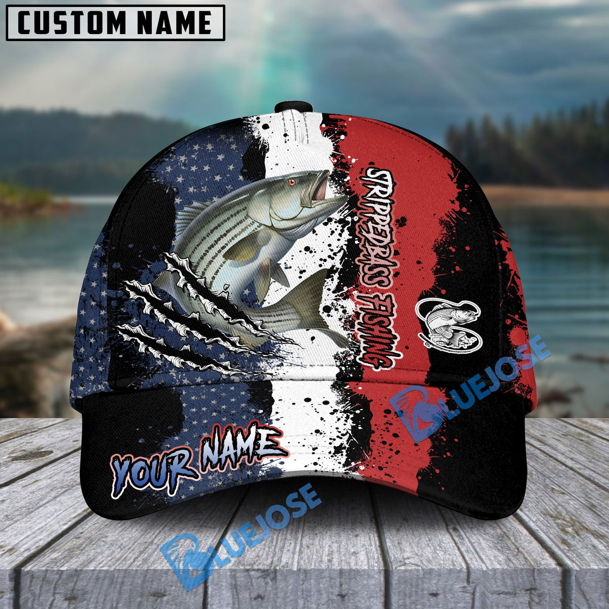 BlueJose Striped Bass Fishing Paint Scratch American Flag scratch Sport Personalized Cap