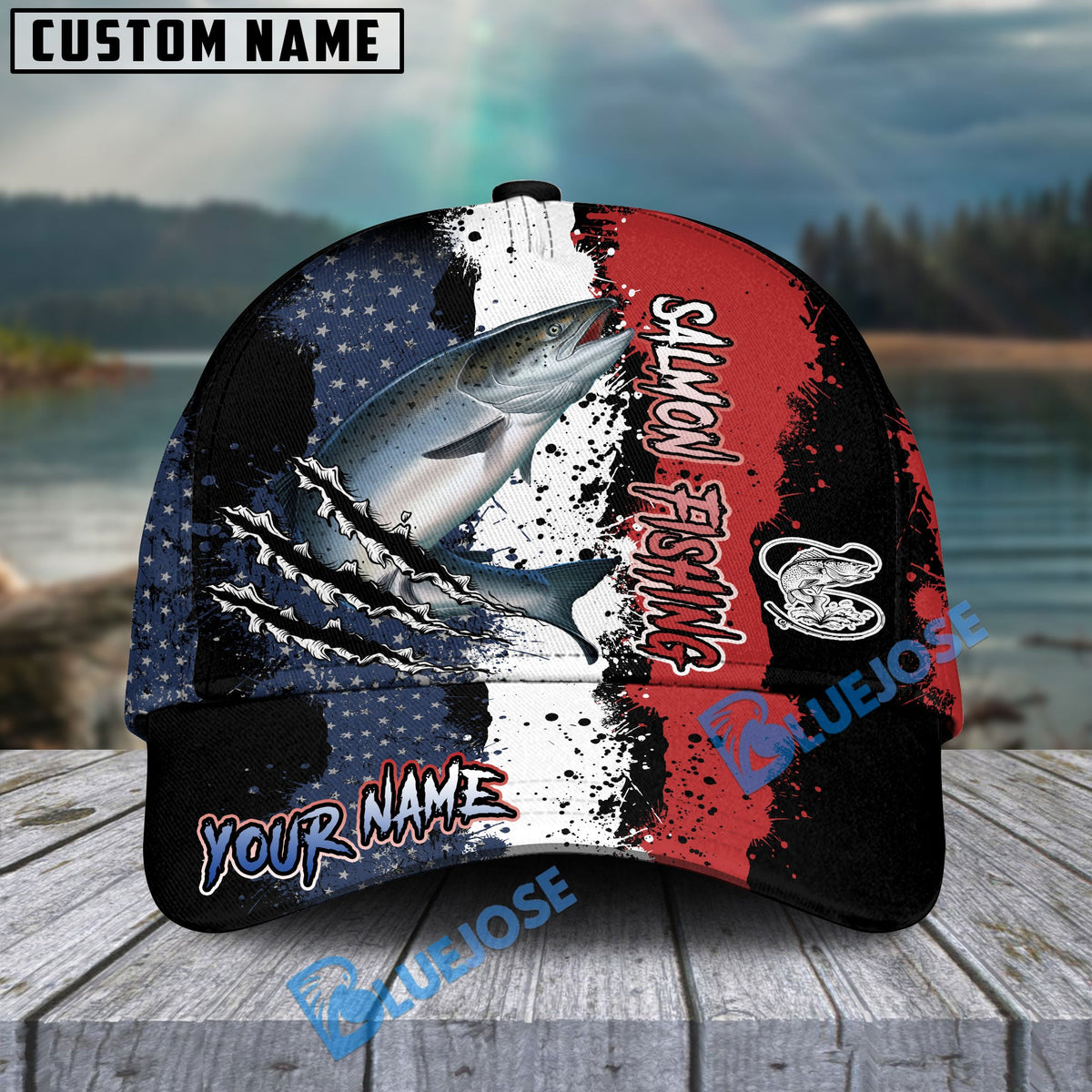 BlueJose Salmon Fishing Paint Scratch American Flag scratch Sport Personalized Cap