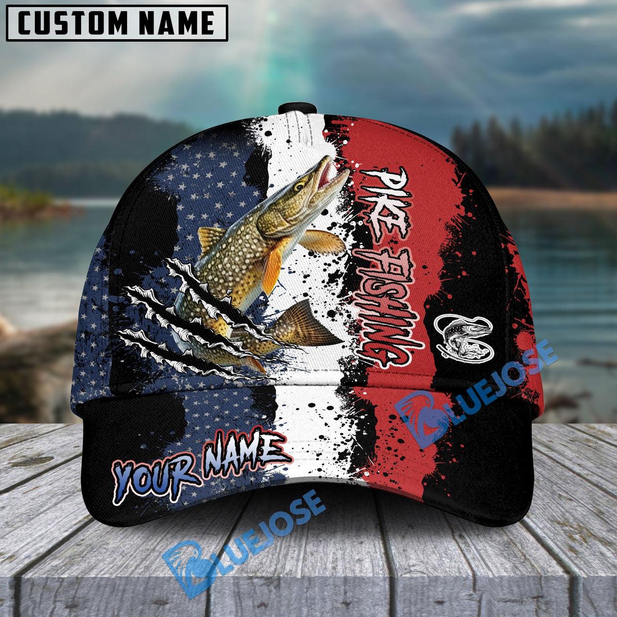 BlueJose Pike Fishing Paint Scratch American Flag scratch Sport Personalized Cap
