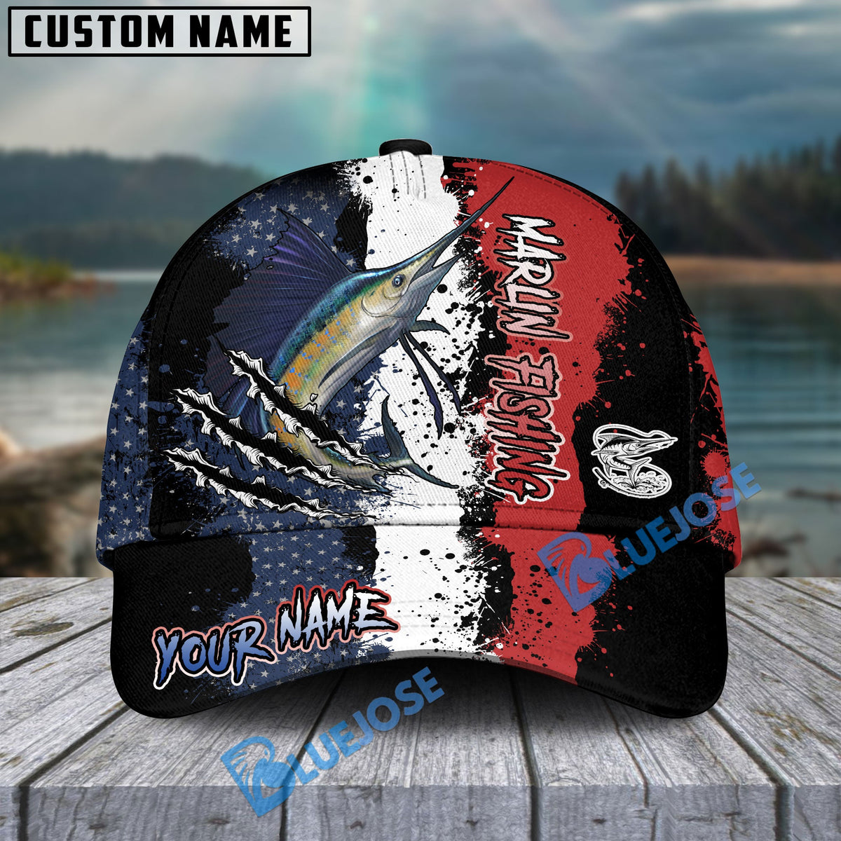 BlueJose Marlin Fishing Paint Scratch American Flag scratch Sport Personalized Cap