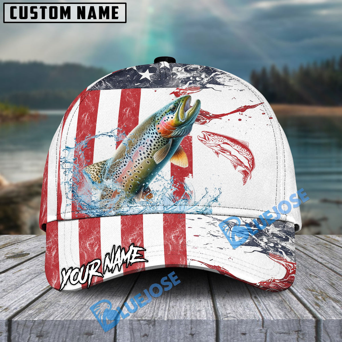 BlueJose Trout Fishing American Flag Red Blue Seawave Personalized Cap
