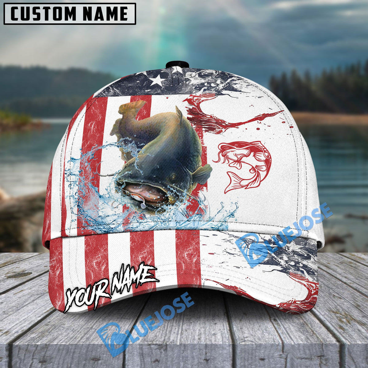BlueJose Catfish Fishing American Flag Red Blue Seawave Personalized Cap