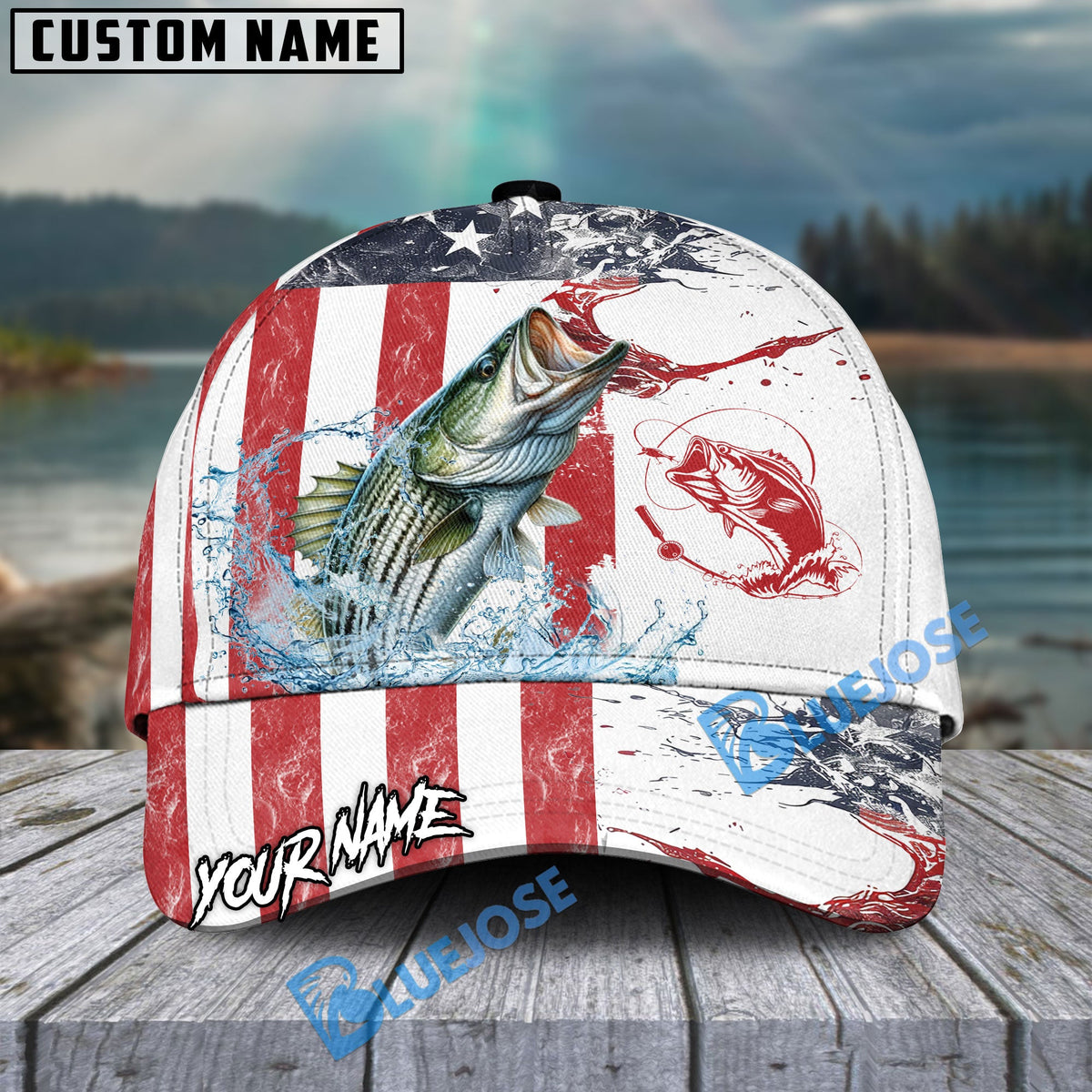 BlueJose Striped Bass Fishing American Flag Red Blue Seawave Personalized Cap