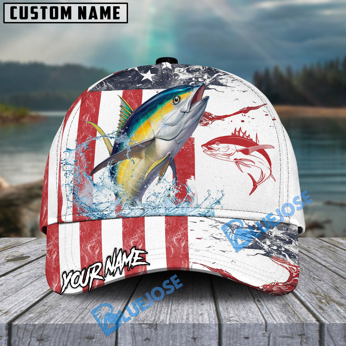 BlueJose Tuna Fishing American Flag Red Blue Seawave Personalized Cap