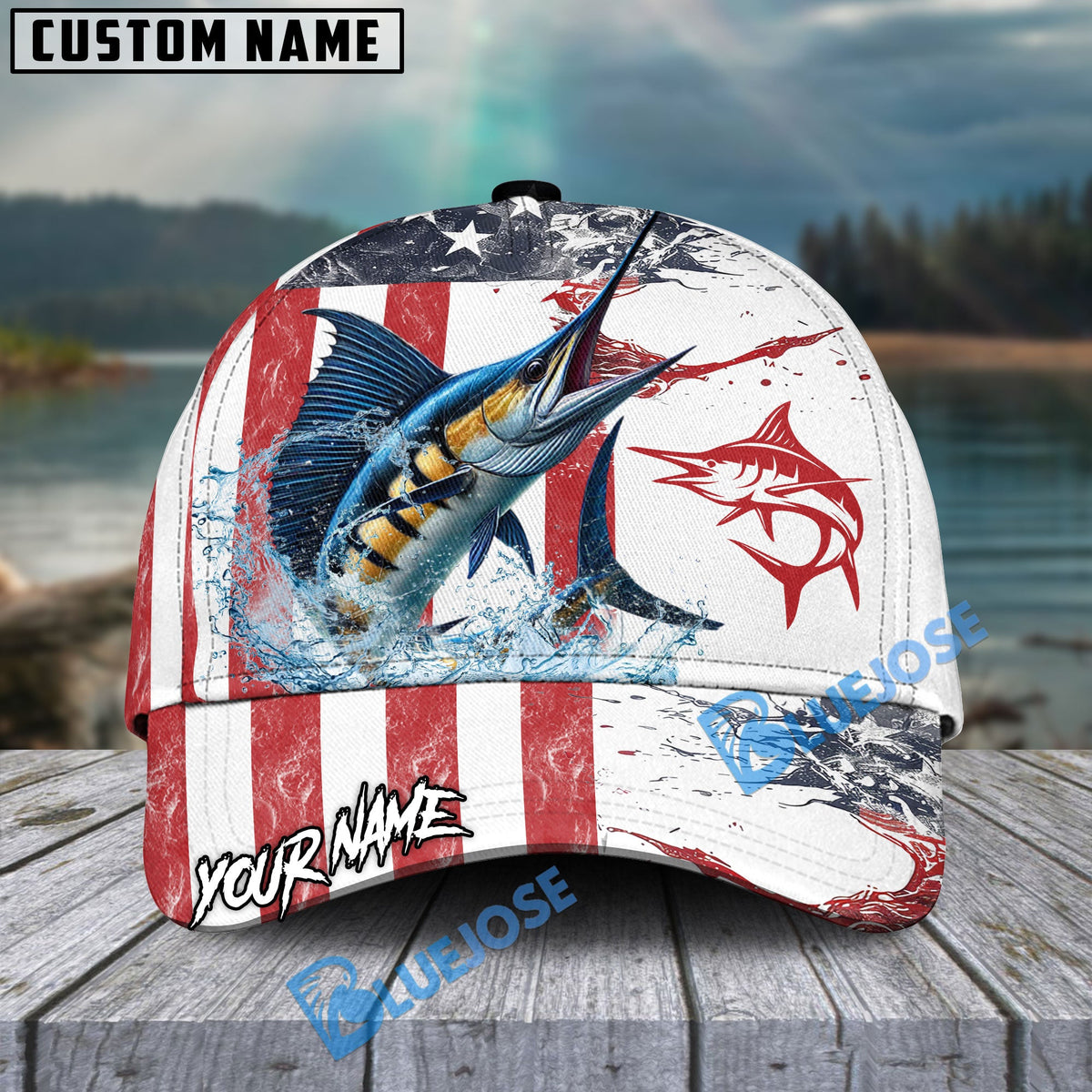 BlueJose Marlin Fishing American Flag Red Blue Seawave Personalized Cap