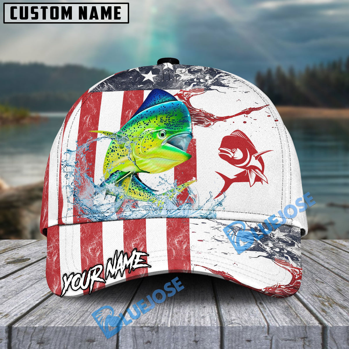 BlueJose Mahimahi Fishing American Flag Red Blue Seawave Personalized Cap