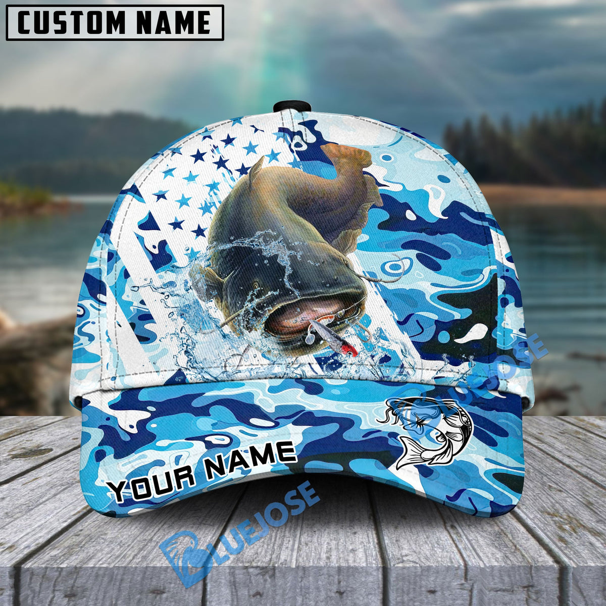 BlueJose Catfish Fishing Blue White American Flag Personalized Cap